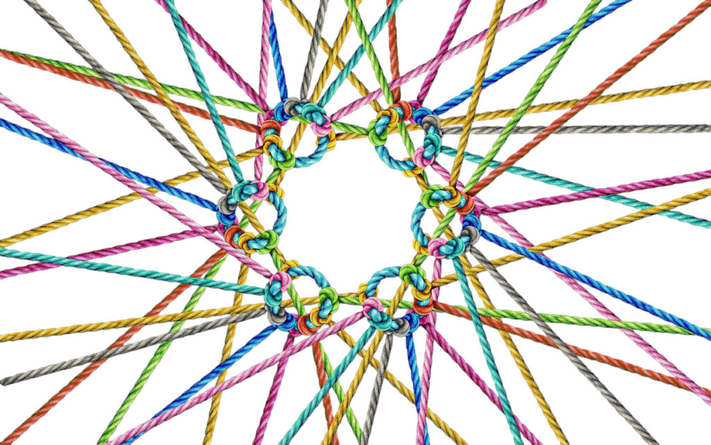 farbige Fäden, die im Kreis miteinander verknüpft sind